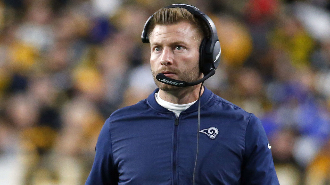 PITTSBURGH, PA - NOVEMBER 10: Head coach Sean McVay of the Los Angeles Rams looks on against the Pittsburgh Steelers on November 10, 2019 at Heinz Field in Pittsburgh, Pennsylvania.
