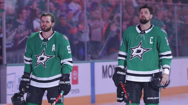 DALLAS, TX - OCTOBER 10: Tyler Seguin #91 and Jamie Benn #14 of the Dallas Stars before a game against the Calgary Flames at the American Airlines Center on October 10, 2019 in Dallas, Texas.