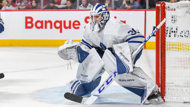 MONTREAL, QUEBEC - OCTOBER 26: Michael Hutchinson #30 of the Toronto Maple Leafs ready for a shot on net against the Montreal Canadiens at Centre Bell on October 26, 2019 in Montreal, Quebec.