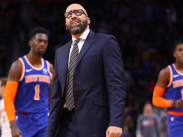 DETROIT, MICHIGAN - NOVEMBER 06: Head coach David Fizdale of the New York Knicks reacts while playing the Detroit Pistons at Little Caesars Arena on November 06, 2019 in Detroit, Michigan. Detroit won the game 122-102. NOTE TO USER: User expressly acknowledges and agrees that, by downloading and/or using this photograph, user is consenting to the terms and conditions of the Getty Images License Agreement.