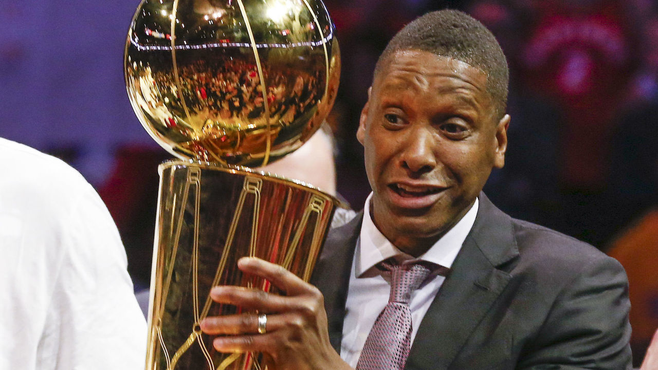 OAKLAND, CA - JUNE 13: Raptors GM Masai Ujiri hoists the trophy. Toronto Raptors vs Golden State Warriors in 2nd half action of NBA Finals action in Game 6 of playoff play at Oracle Arena. Raptors lead the series 3-2. Toronto Star/Rick Madonik (Rick Madonik/Toronto Star via Getty Images)