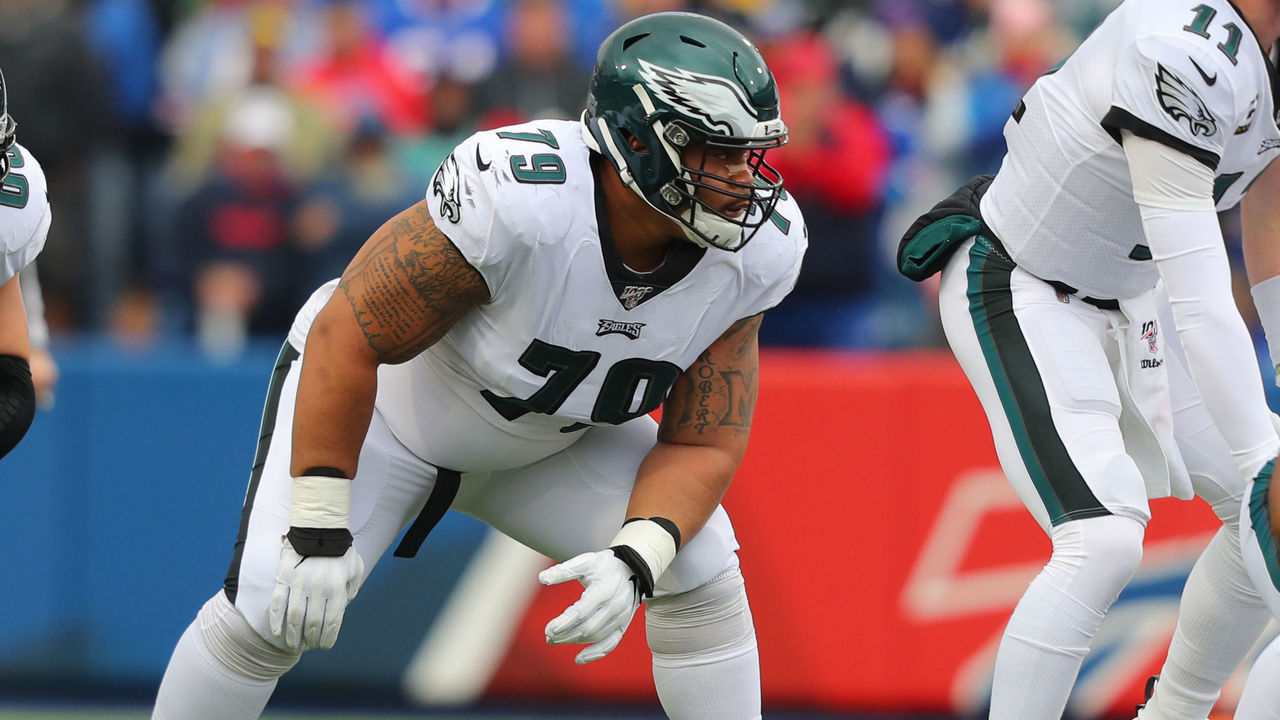 ORCHARD PARK, NY - OCTOBER 27: Brandon Brooks #79 of the Philadelphia Eagles waits for the snap against the Buffalo Bills at New Era Field on October 27, 2019 in Orchard Park, New York. Eagles beat the Bills 31 to 13.