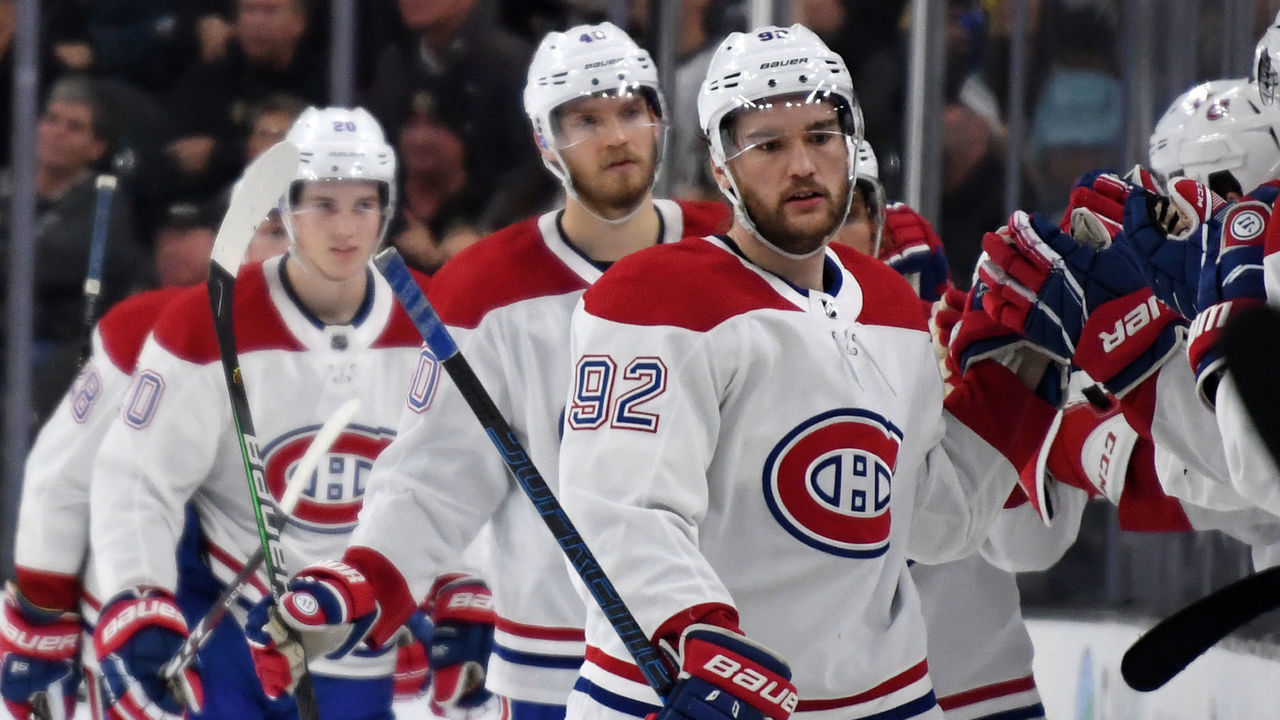 LAS VEGAS, NEVADA - OCTOBER 31: Jonathan Drouin #92 of the Montreal Canadiens celebrates with teammates on the bench after scoring a second-period goal against the Vegas Golden Knights during their game at T-Mobile Arena on October 31, 2019 in Las Vegas, Nevada.