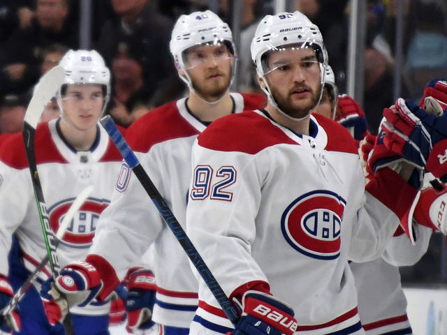 LAS VEGAS, NEVADA - OCTOBER 31: Jonathan Drouin #92 of the Montreal Canadiens celebrates with teammates on the bench after scoring a second-period goal against the Vegas Golden Knights during their game at T-Mobile Arena on October 31, 2019 in Las Vegas, Nevada.