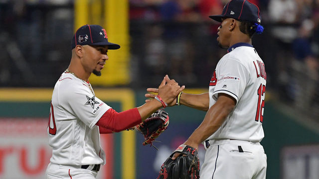 CLEVELAND, OHIO - JULY 09: Francisco Lindor #12 of the Cleveland Indians and Mookie Betts #50 of the Boston Red Sox participate in the 2019 MLB All-Star Game at Progressive Field on July 09, 2019 in Cleveland, Ohio.