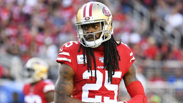 SANTA CLARA, CA - OCTOBER 07: San Francisco 49ers Cornerback Richard Sherman (25) looks on during the National Football League game between the Cleveland Browns and the San Francisco 49ers on October 7, 2019, at Levi's Stadium in Santa Clara, CA.