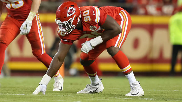 KANSAS CITY, MO - OCTOBER 06: Kansas City Chiefs linebacker Ben Niemann (56) and defensive end Emmanuel Ogbah (90) before the snap in the fourth quarter of an NFL matchup between the Indianapolis Colts and Kansas City Chiefs on October 6, 2019 at Arrowhead Stadium in Kansas City, MO.