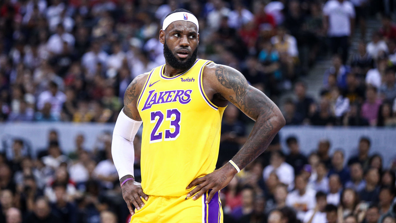 SHENZHEN, CHINA - OCTOBER 12: LeBron James #23 of the Los Angeles Lakers reacts during the match against the Brooklyn Nets during a preseason game as part of 2019 NBA Global Games China at Shenzhen Universiade Center on October 12, 2019 in Shenzhen, Guangdong, China.