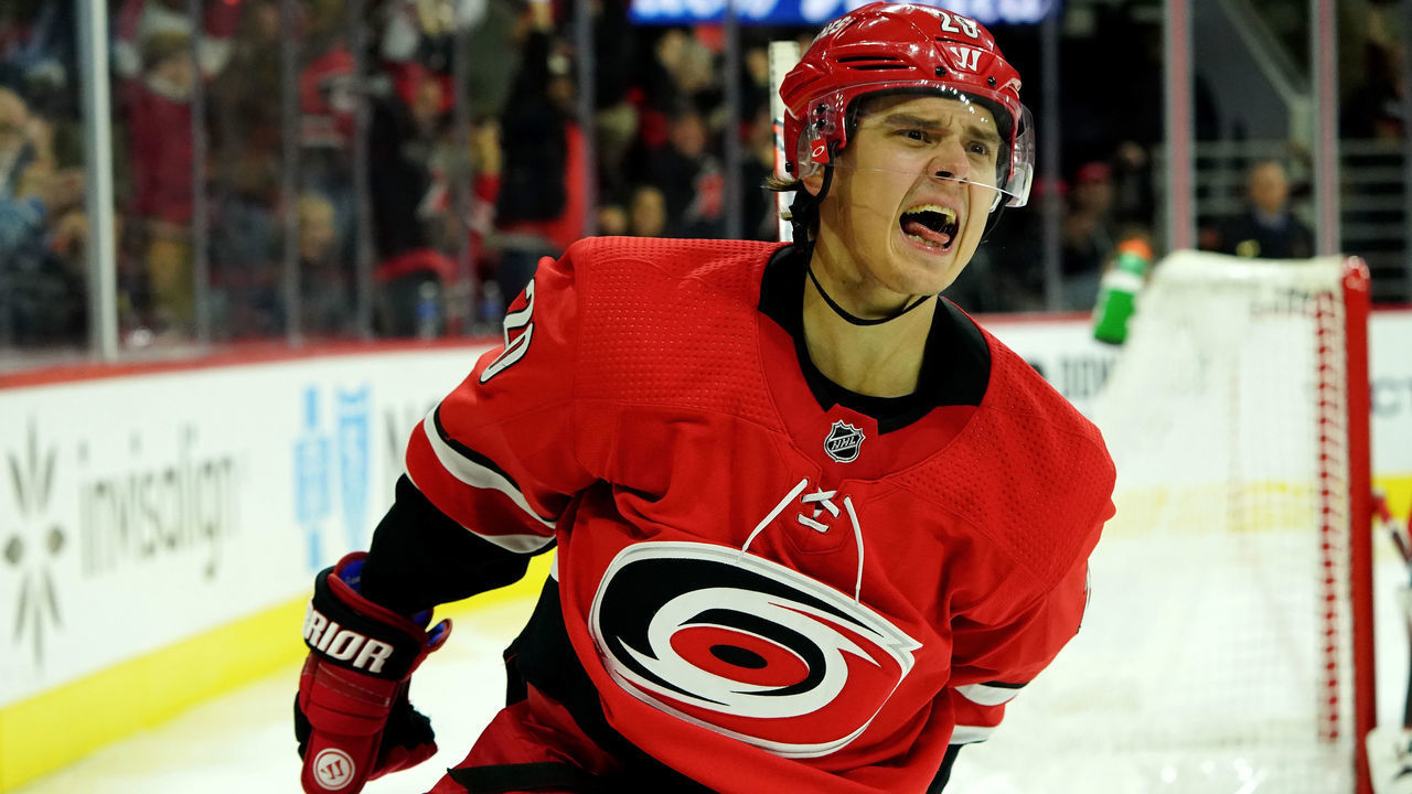 RALEIGH, NC - NOVEMBER 11: Sebastian Aho #20 of the Carolina Hurricanes celebrates his short handed goal during an NHL game against the Ottawa Senators on November 11, 2019 at PNC Arena in Raleigh, North Carolina.