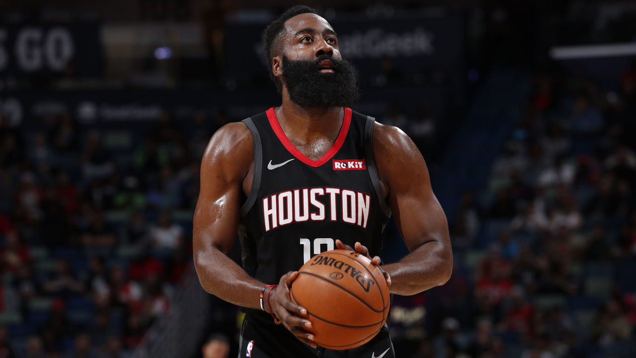 NEW ORLEANS, LA - NOVEMBER 11: James Harden #13 of the Houston Rockets shoots the ball against the New Orleans Pelicans on November 11, 2019 at the Smoothie King Center in New Orleans, Louisiana. Mandatory Copyright Notice: Copyright 2019 NBAE