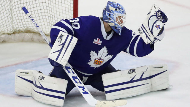 TORONTO, ON- MAY 3 - Toronto Marlies goaltender Kasimir Kaskisuo (30) makes a save as the Toronto Marlies play the Cleveland Monsters in game two of their second round Calder Cup play-off series at Coca-Cola Coliseum in Toronto. May 3, 2019. (Steve Russell/Toronto Star via Getty Images)