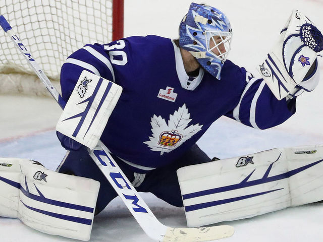TORONTO, ON- MAY 3 - Toronto Marlies goaltender Kasimir Kaskisuo (30) makes a save as the Toronto Marlies play the Cleveland Monsters in game two of their second round Calder Cup play-off series at Coca-Cola Coliseum in Toronto. May 3, 2019. (Steve Russell/Toronto Star via Getty Images)