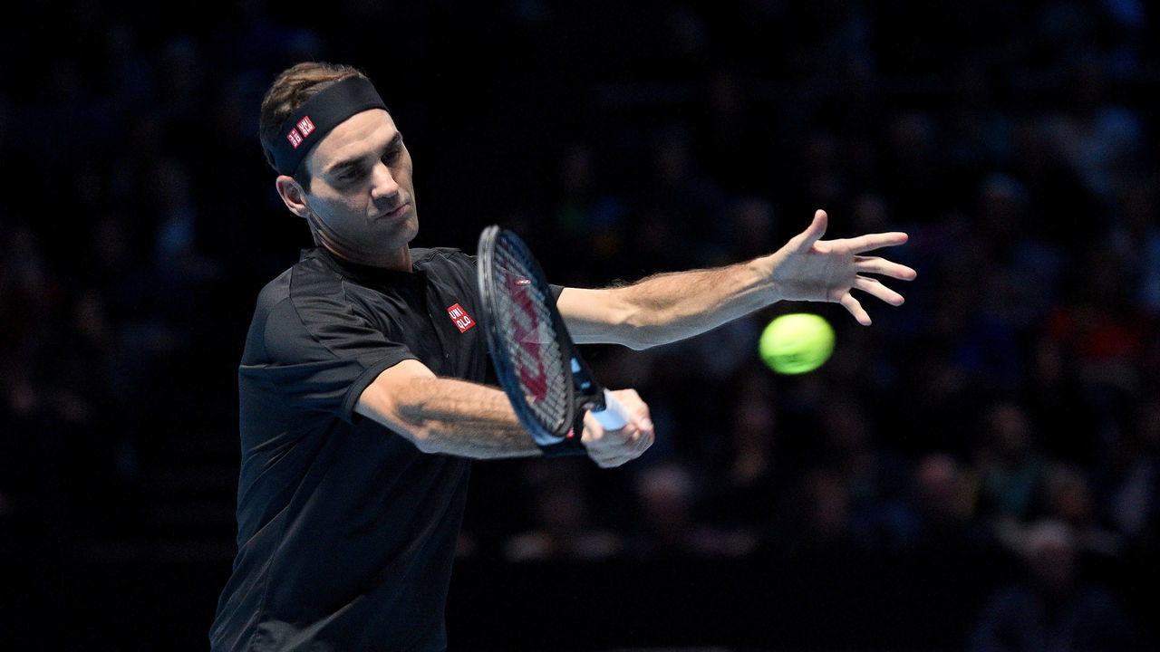 LONDON, ENGLAND - NOVEMBER 12: Roger Federer in action during his Group Bjorn Borg match against Matteo Berrettini during Day Three of the Nitto ATP World Tour Finals at The O2 Arena on November 12, 2019 in London, England.