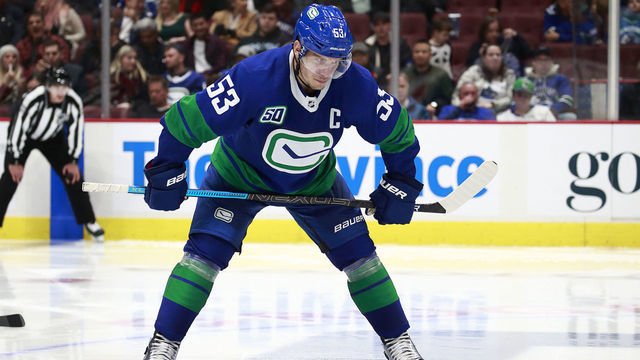 VANCOUVER, BC - NOVEMBER 5: Bo Horvat #53 of the Vancouver Canucks waits for a face-off during their NHL game against the St. Louis Blues at Rogers Arena November 5, 2019 in Vancouver, British Columbia, Canada. "n
