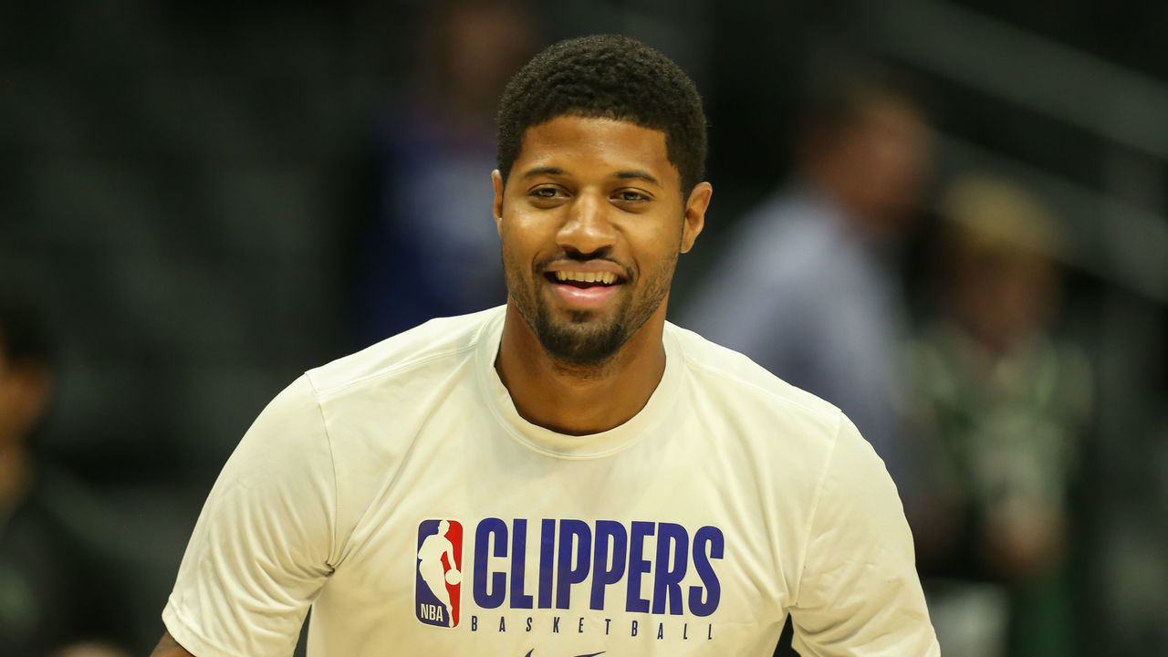 LOS ANGELES, CA - NOVEMBER 06: LA Clippers forward Paul George #13 before the NBA game between the Milwaukee Bucks and the Los Angeles Clippers on November 06, 2019, at Staples Center in Los Angeles, CA.