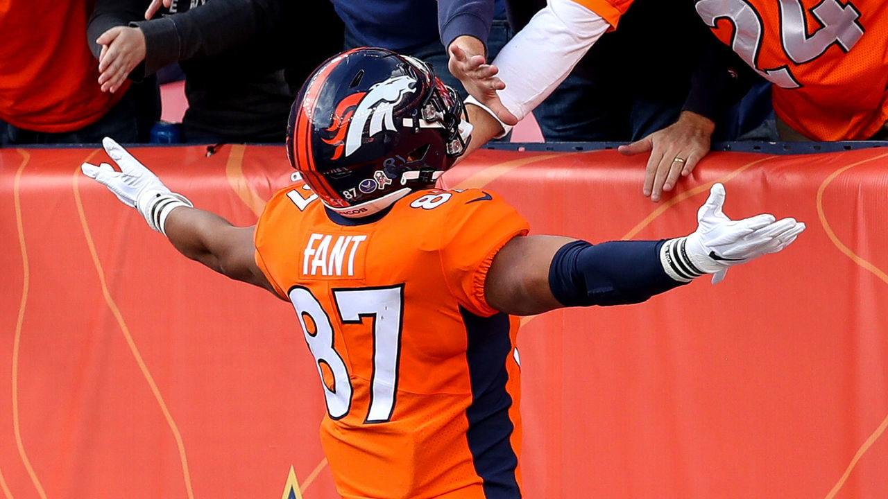 DENVER, CO - NOVEMBER 03: Denver Broncos tight end Noah Fant (87) celebrates after his 75 yard touchdown reception during a NFL game between the Cleveland Browns and the Denver Broncos on November 03, 2019 at Broncos Stadium at Mile High in Denver, CO.