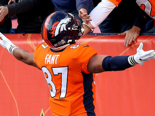 DENVER, CO - NOVEMBER 03: Denver Broncos tight end Noah Fant (87) celebrates after his 75 yard touchdown reception during a NFL game between the Cleveland Browns and the Denver Broncos on November 03, 2019 at Broncos Stadium at Mile High in Denver, CO.