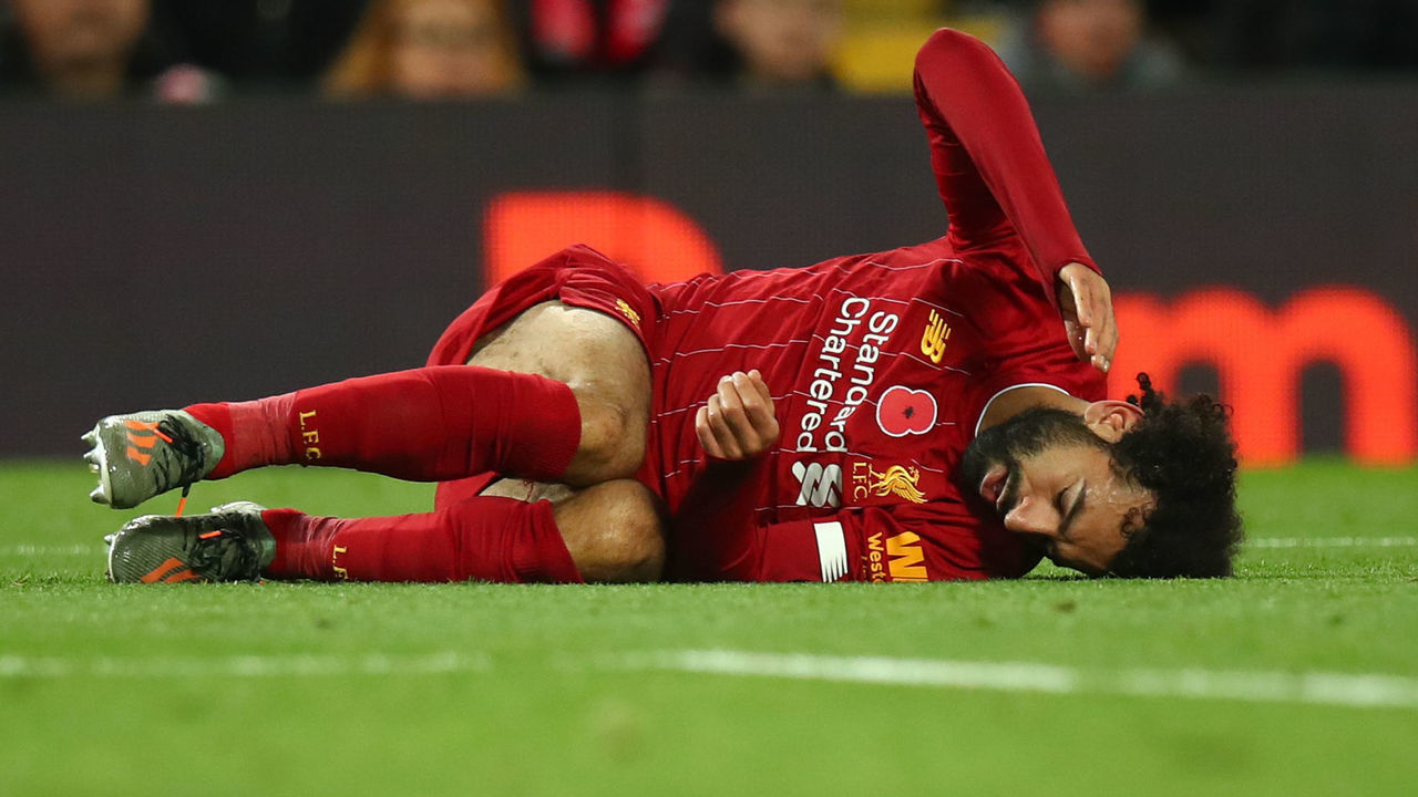 LIVERPOOL, ENGLAND - NOVEMBER 10: Mohamed Salah of Liverpool reacts during the Premier League match between Liverpool FC and Manchester City at Anfield on November 10, 2019 in Liverpool, United Kingdom.