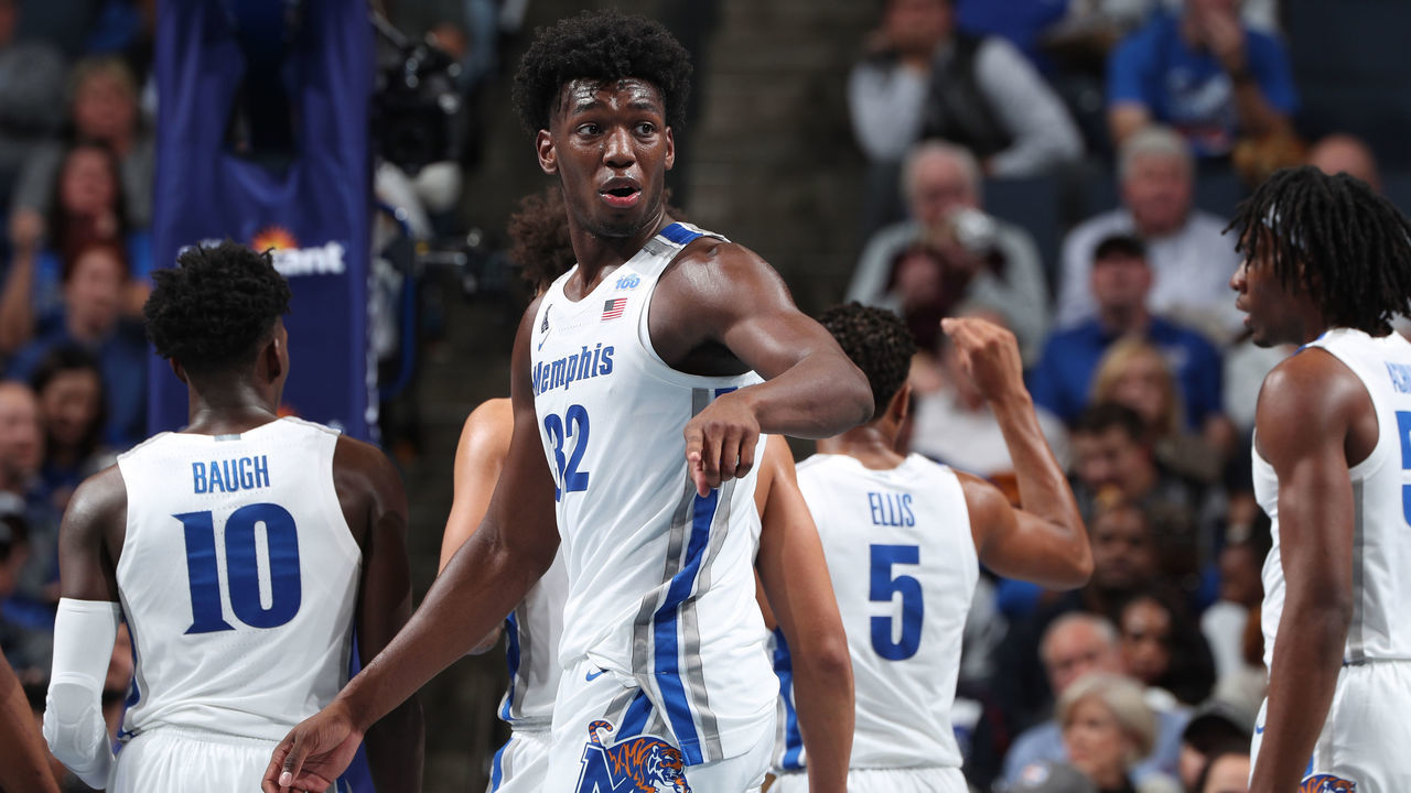 MEMPHIS, TN - NOVEMBER 5: James Wiseman #32 of the Memphis Tigers points against the South Carolina State Bulldogs during a game on November 5, 2019 at FedExForum in Memphis, Tennessee. Memphis defeated South Carolina State 97-64.