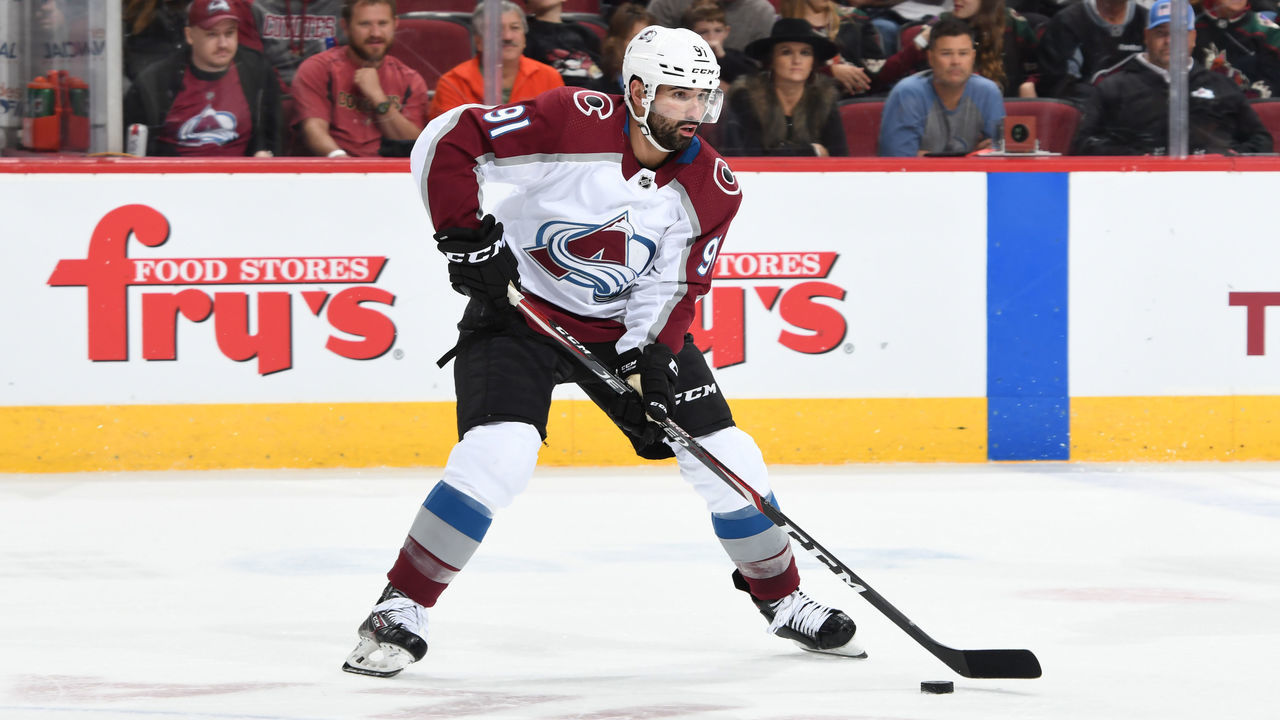 GLENDALE, ARIZONA - NOVEMBER 02: Nazem Kadri #91 of the Colorado Avalanche skates with the puck against the Arizona Coyotes at Gila River Arena on November 02, 2019 in Glendale, Arizona.