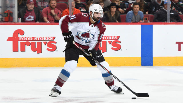 GLENDALE, ARIZONA - NOVEMBER 02: Nazem Kadri #91 of the Colorado Avalanche skates with the puck against the Arizona Coyotes at Gila River Arena on November 02, 2019 in Glendale, Arizona.