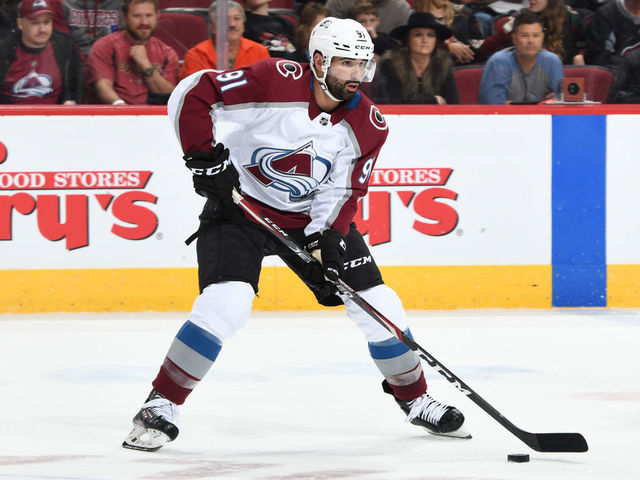 GLENDALE, ARIZONA - NOVEMBER 02: Nazem Kadri #91 of the Colorado Avalanche skates with the puck against the Arizona Coyotes at Gila River Arena on November 02, 2019 in Glendale, Arizona.