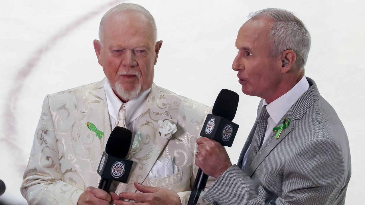 WINNIPEG, MB - MAY 12: Don Cherry (L) and Ron MacLean of Hockey Night in Canada do a post-game hit following a 4-2 victory by the Winnipeg Jets over the Vegas Golden Knights in Game One of the Western Conference Final during the 2018 NHL Stanley Cup Playoffs at the Bell MTS Place on May 12, 2018 in Winnipeg, Manitoba, Canada.