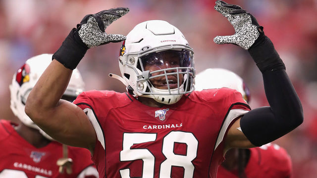GLENDALE, ARIZONA - SEPTEMBER 08: Middle linebacker Jordan Hicks #58 of the Arizona Cardinals reacts during the first half of the NFL game against the Detroit Lions at State Farm Stadium on September 08, 2019 in Glendale, Arizona. The Lions and Cardinals tied 27-27.