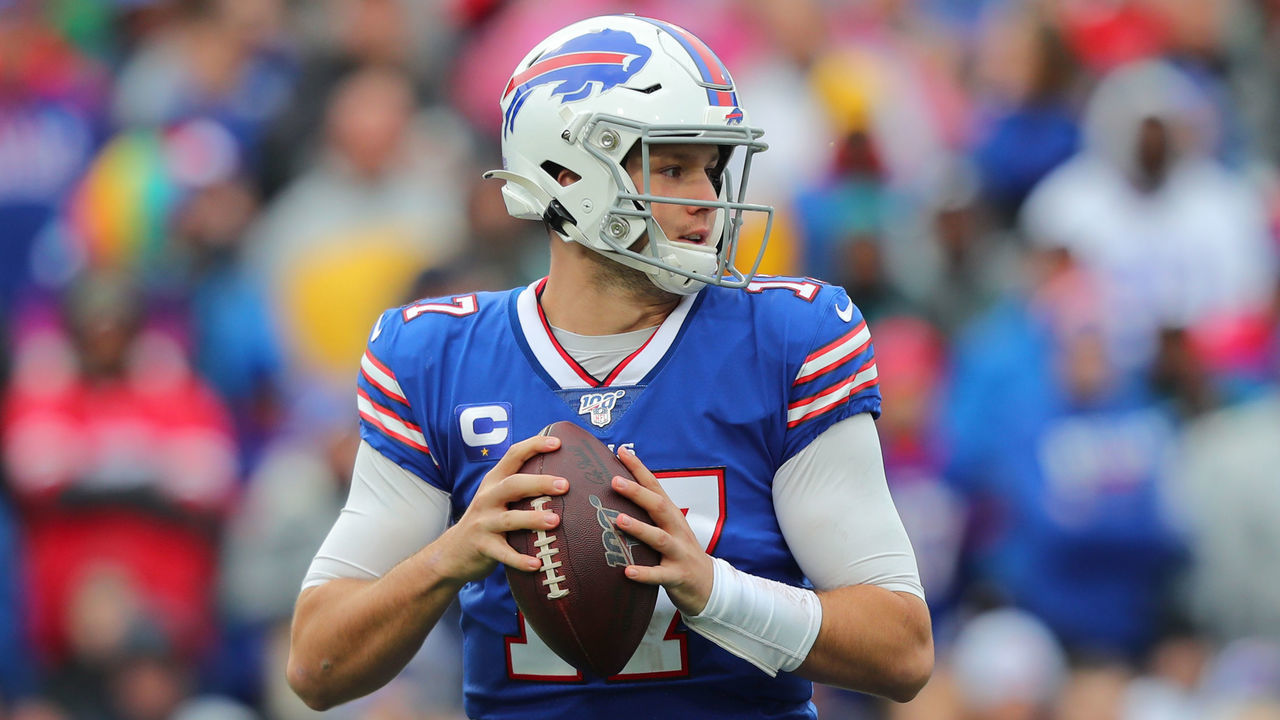 ORCHARD PARK, NY - OCTOBER 27: Josh Allen #17 of the Buffalo Bills looks to throw a pass against the Philadelphia Eagles at New Era Field on October 27, 2019 in Orchard Park, New York. Eagles beat the Bills 31 to 13.