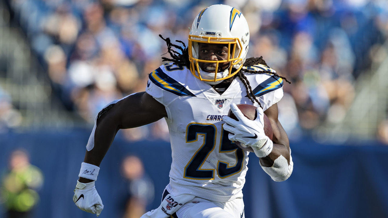 NASHVILLE, TN - OCTOBER 20: Melvin Gordon III #25 of the Los Angeles Chargers runs the ball during a game against the Tennessee Titans at Nissan Stadium on October 20, 2019 in Nashville, Tennessee. The Titans defeated the Chargers 23-20.