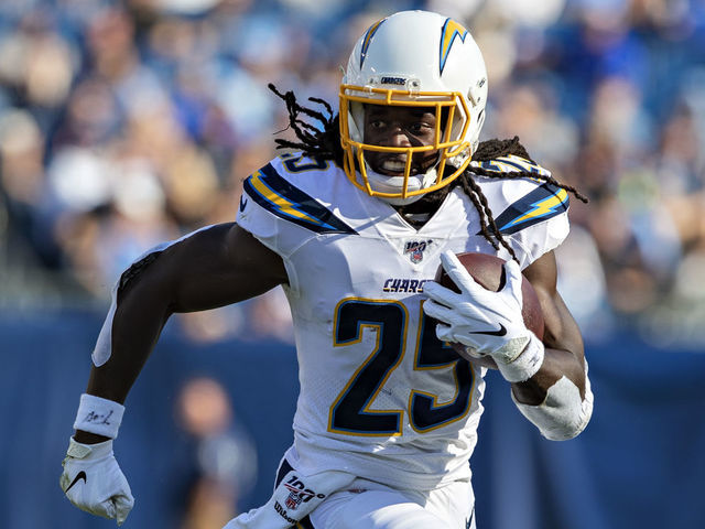 NASHVILLE, TN - OCTOBER 20: Melvin Gordon III #25 of the Los Angeles Chargers runs the ball during a game against the Tennessee Titans at Nissan Stadium on October 20, 2019 in Nashville, Tennessee. The Titans defeated the Chargers 23-20.