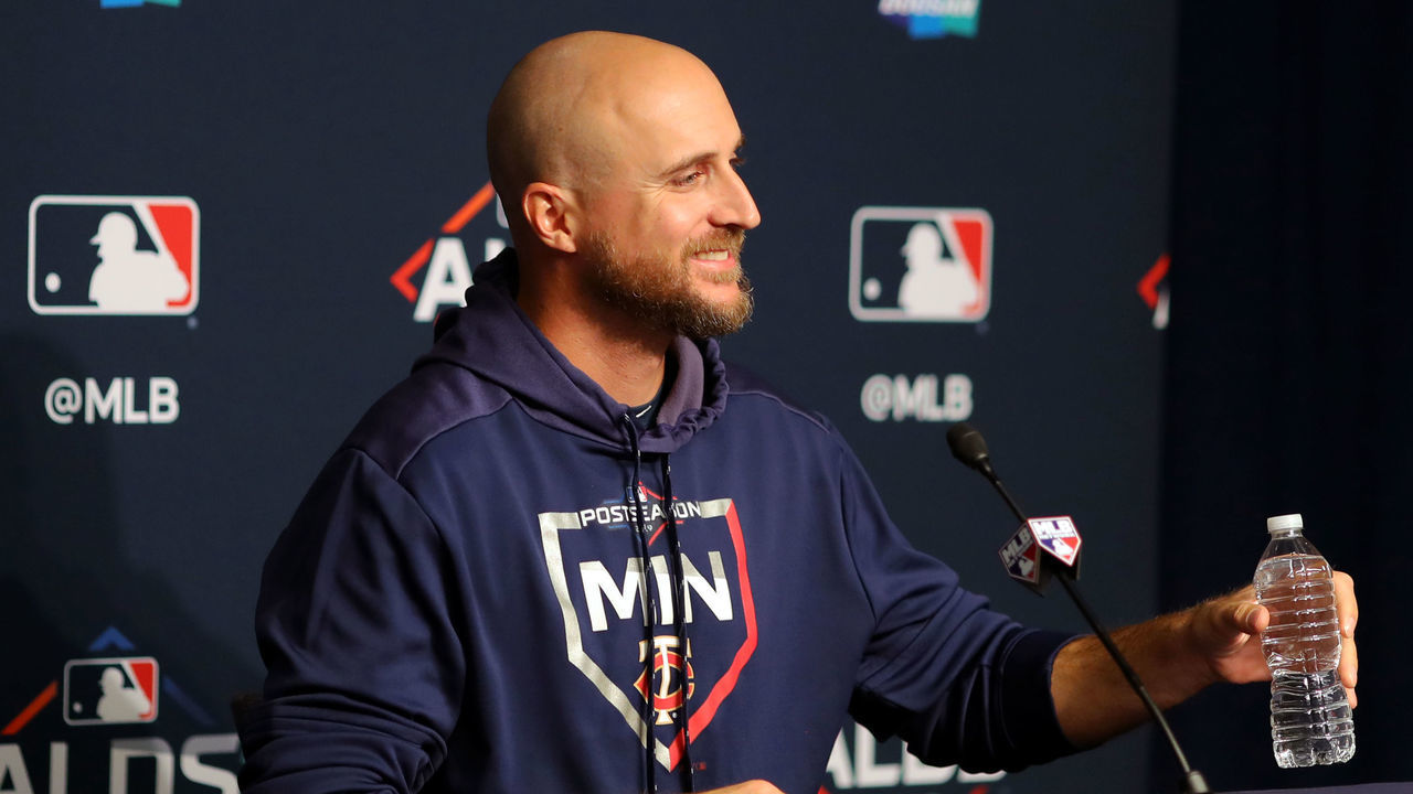 BRONX, NY - OCTOBER 04: Minnesota Twins manager Rocco Baldelli #5 speaks to the press prior to the ALDS Game 1 between the Minnesota Twins and the New York Yankees at Yankee Stadium on Friday, October 4, 2019 in the Bronx borough of New York City.