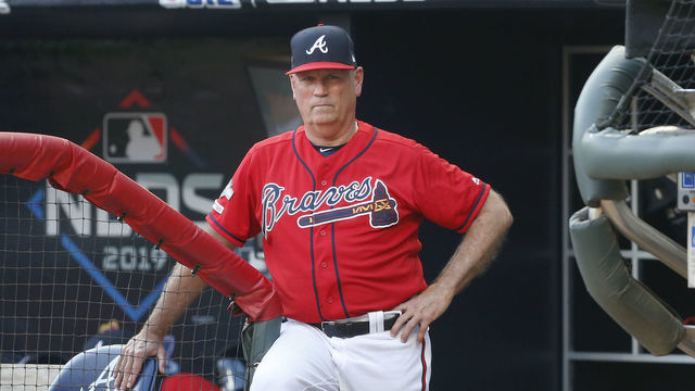ATLANTA, GA - OCTOBER 04: Manager Brian Snitker #43 of the Atlanta Braves looks on during the NLDS Game 2 between the St. Louis Cardinals and the Atlanta Braves at SunTrust Park on Friday, October 4, 2019 in Atlanta, Georgia.
