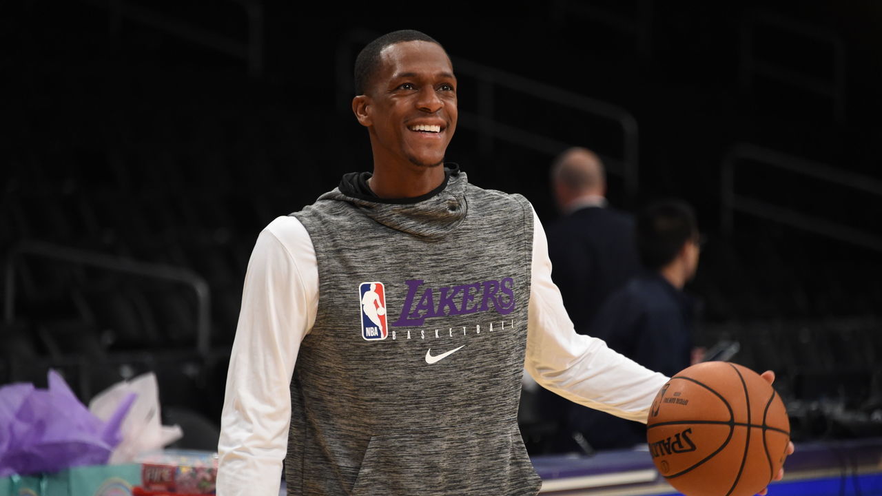LOS ANGELES, CA - OCTOBER 16: Rajon Rondo #9 of the Los Angeles Lakers handles the ball during a pre-season game against the Golden State Warriors on October 16, 2019 at STAPLES Center in Los Angeles, California. NOTE TO USER: User expressly acknowledges and agrees that, by downloading and/or using this Photograph, user is consenting to the terms and conditions of the Getty Images License Agreement. Mandatory Copyright Notice: Copyright 2019 NBAE