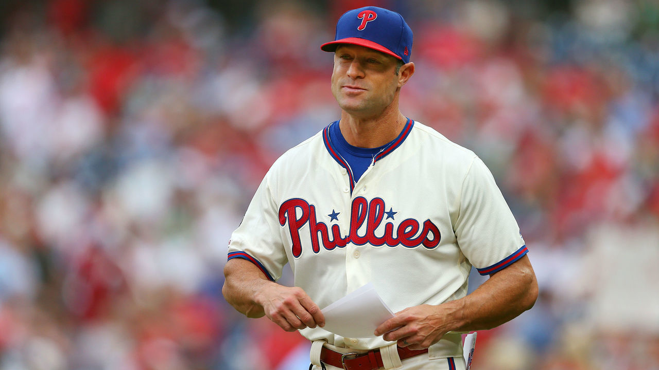PHILADELPHIA, PA - SEPTEMBER 29: Manager Gabe Kapler #19 of the Philadelphia Phillies brings out line up card before a game against the Miami Marlins at Citizens Bank Park on September 29, 2019 in Philadelphia, Pennsylvania. The Marlins defeated the Phillies 4-3.