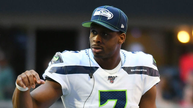 ATLANTA, GA - OCTOBER 27: Seattle Seahawks Quarterback Geno Smith (7) checks on Seattle Seahawks Center Justin Britt (68) during the NFL game between the Seattle Seahawks and the Atlanta Falcons on October 27, 2019, at Mercedes-Benz Stadium in Atlanta, GA.