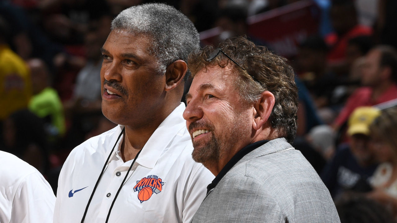 LAS VEAGS, NV - JULY 10: Steve Mills and James Dolan of the New York Knicks are seen before the game against the Los Angeles Lakers during the 2018 Las Vegas Summer League on July 10, 2018 at the Thomas & Mack Center in Las Vegas, Nevada. NOTE TO USER: User expressly acknowledges and agrees that, by downloading and/or using this Photograph, user is consenting to the terms and conditions of the Getty Images License Agreement. Mandatory Copyright Notice: Copyright 2018 NBAE