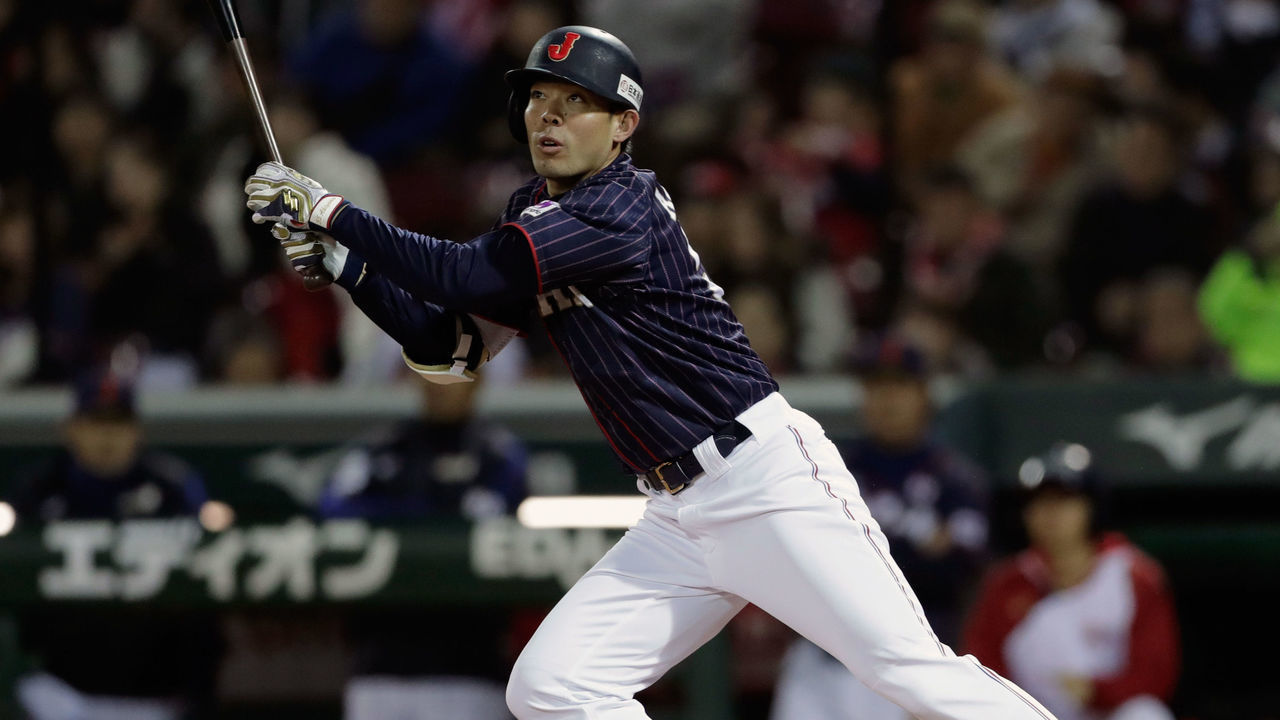 HIROSHIMA, JAPAN - NOVEMBER 13: Outfielder Shogo Akiyama #55 of Japan hits an inside-the-park home run in the top of 8th inning during the game four between Japan and MLB All Stars at Mazda Zoom Zoom Stadium Hiroshima on November 13, 2018 in Hiroshima, Japan.