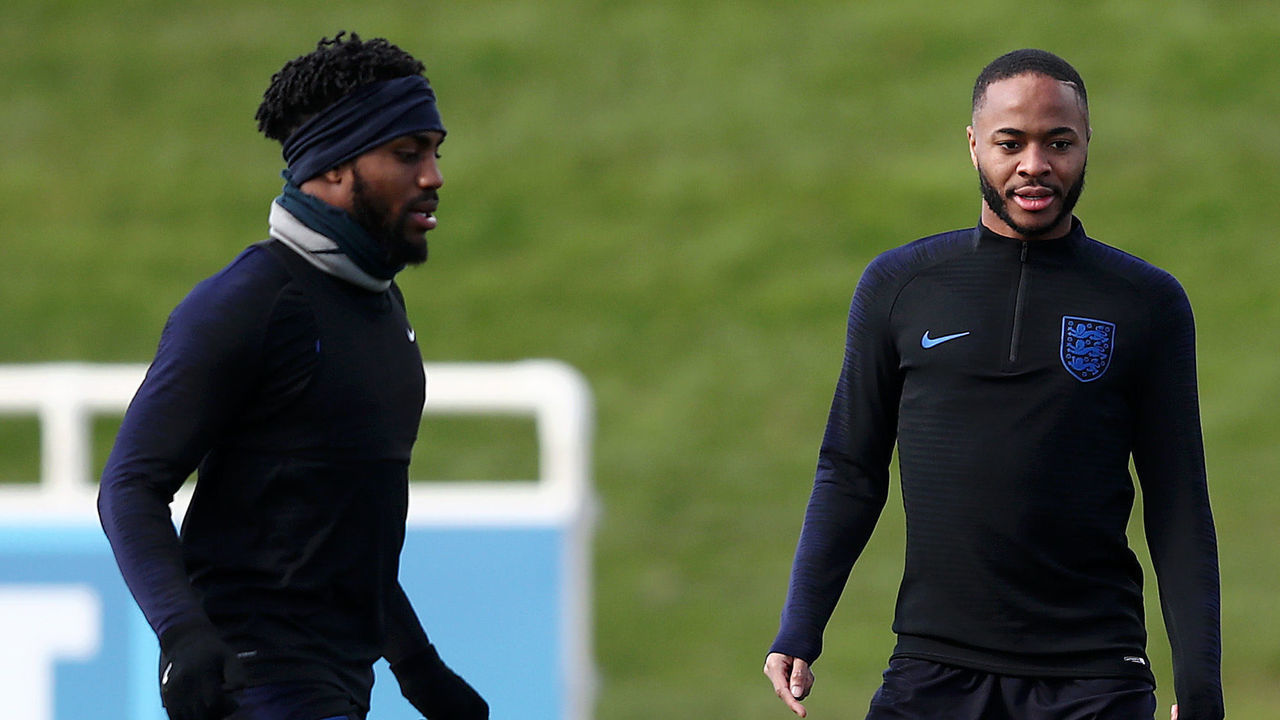 BURTON-UPON-TRENT, ENGLAND - MARCH 24: (L-R) Danny Rose, Raheem Sterling, Ben Chilwell and Jadon Sancho of England take part during the England Training Session at St Georges Park on March 24, 2019 in Burton-upon-Trent, England.
