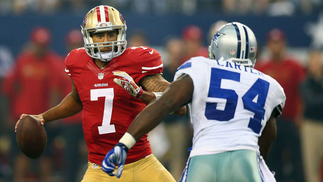 ARLINGTON, TX - SEPTEMBER 07: Colin Kaepernick #7 of the San Francisco 49ers is sacked by Bruce Carter #54 of the Dallas Cowboys in the second quarter at AT&T Stadium on September 7, 2014 in Arlington, Texas.