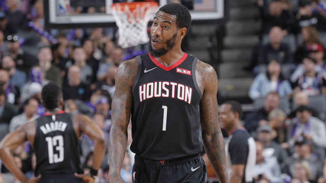 SACRAMENTO, CA - APRIL 2: Iman Shumpert #1 of the Houston Rockets looks on during the game against the Sacramento Kings on April 2, 2019 at Golden 1 Center in Sacramento, California. NOTE TO USER: User expressly acknowledges and agrees that, by downloading and or using this photograph, User is consenting to the terms and conditions of the Getty Images Agreement. Mandatory Copyright Notice: Copyright 2019 NBAE