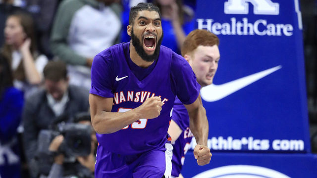 LEXINGTON, KENTUCKY - NOVEMBER 12: K.J. Riley #33 of the Evansville Aces celebrates in the 67-64 win over the Kentucky Wildcats at Rupp Arena on November 12, 2019 in Lexington, Kentucky.