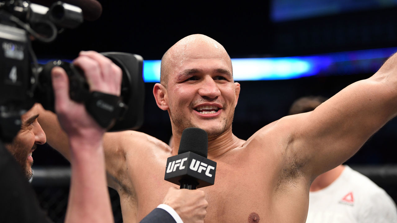 WICHITA, KS - MARCH 09: Junior Dos Santos of Brazil celebrates after defeating Derrick Lewis in their heavyweight bout during the UFC Fight Night event at Intrust Bank Arena on March 9, 2019 in Wichita, Kansas.
