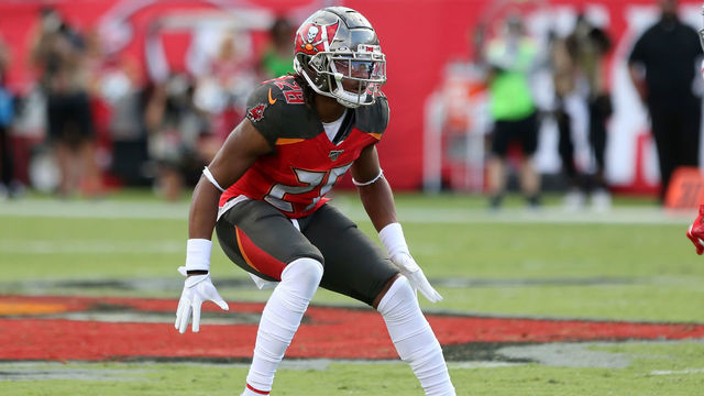 TAMPA, FL - SEP 22: Vernon Hargreaves III (28) of the Bucs defends on the play during the regular season game between the New York Giants and the Tampa Bay Buccaneers on September 22, 2019 at Raymond James Stadium in Tampa, Florida.