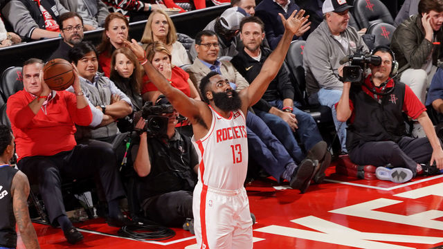 HOUSTON, TX - NOVEMBER 13: James Harden #13 of the Houston Rockets reacts to a play against the LA Clippers on November 13, 2019 at the Toyota Center in Houston, Texas. Mandatory Copyright Notice: Copyright 2019 NBAE