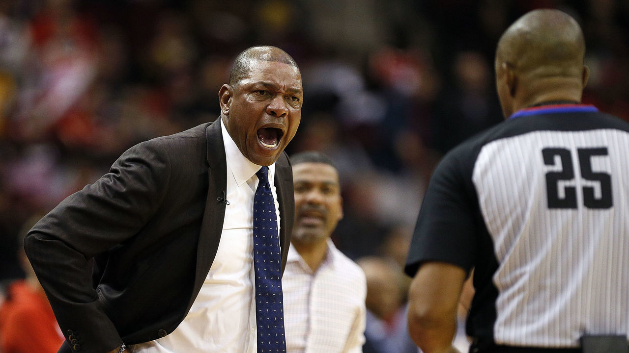 HOUSTON, TEXAS - NOVEMBER 13: Head coach Doc Rivers of the Los Angeles Clippers is ejected by referee Tony Brothers #25 during the fourth quarter against the Houston Rockets at Toyota Center on November 13, 2019 in Houston, Texas. NOTE TO USER: User expressly acknowledges and agrees that, by downloading and/or using this photograph, user is consenting to the terms and conditions of the Getty Images License Agreement.