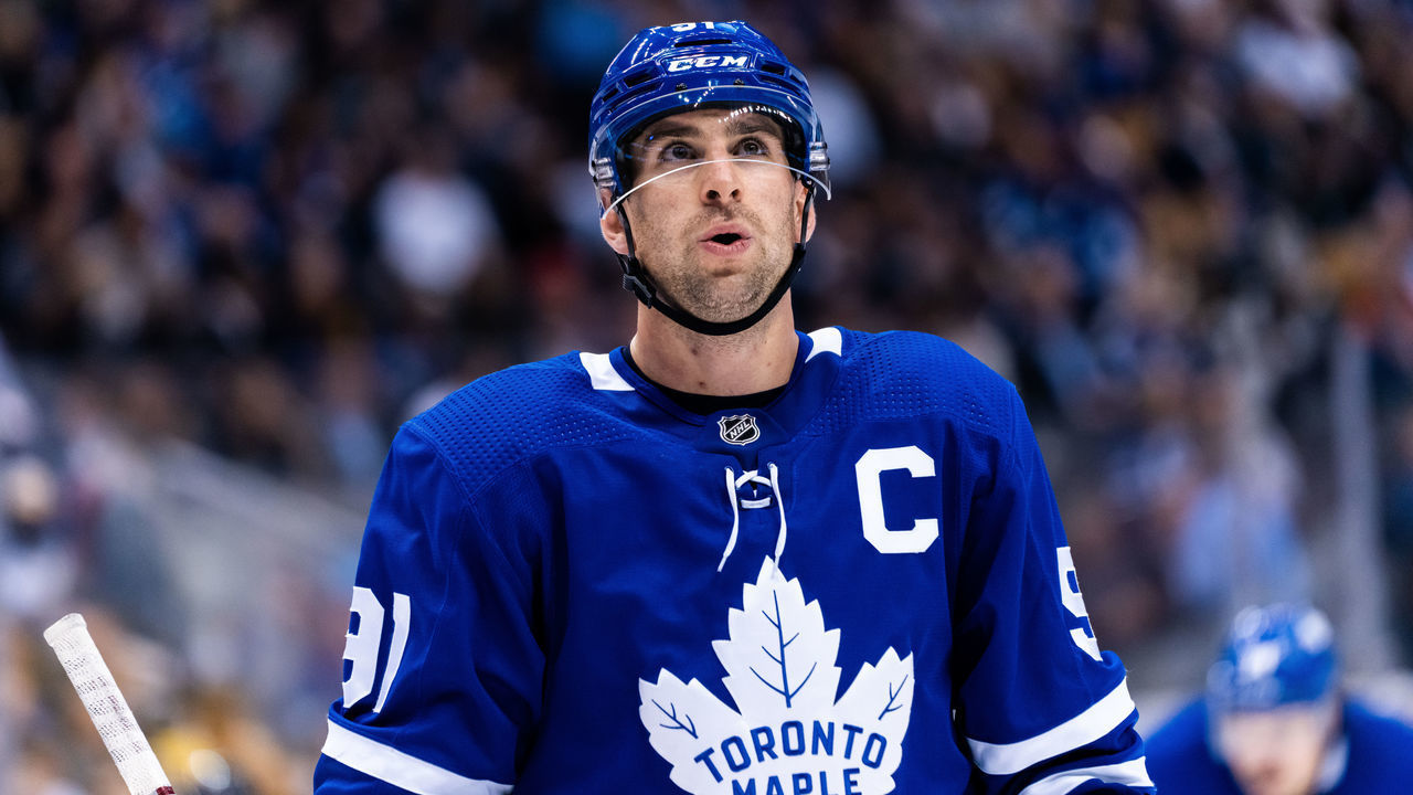 TORONTO, ON - OCTOBER 15: Toronto Maple Leafs center John Tavares #91 looks on against the Minnesota Wild during the second period at the Scotiabank Arena on October 15, 2019 in Toronto, Ontario, Canada.