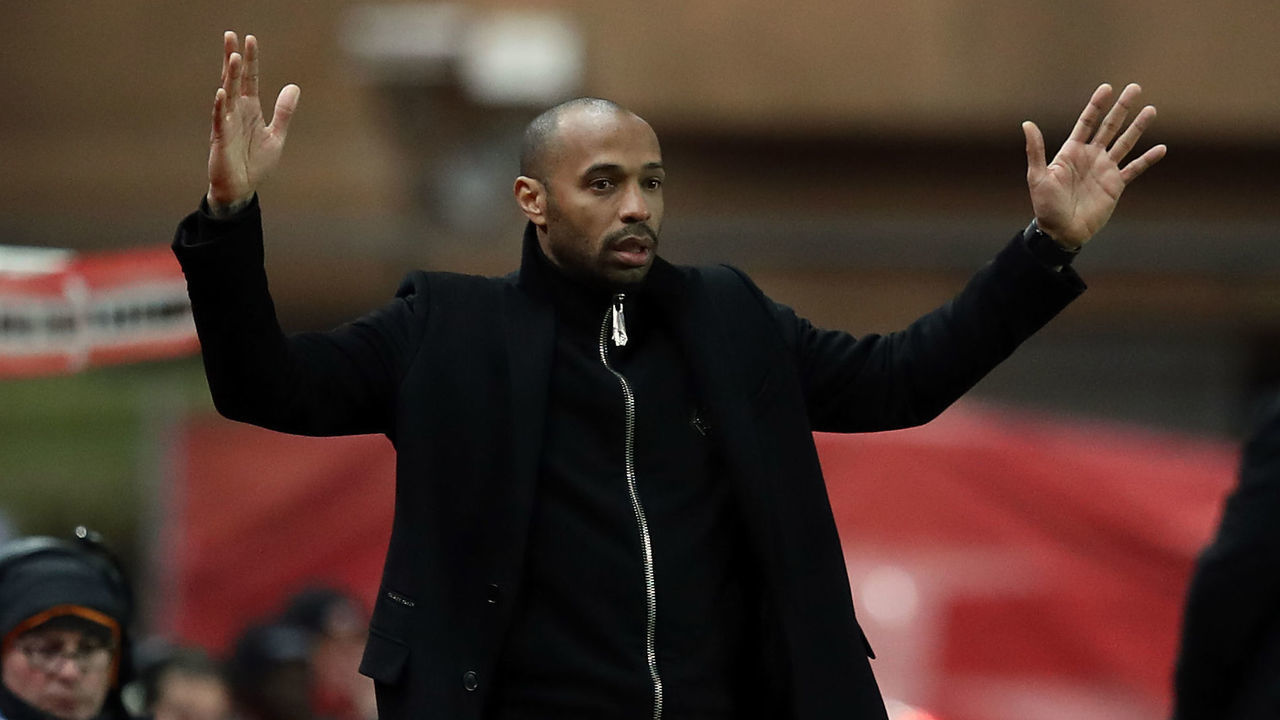Monaco's French coach Thierry Henry gestures during the French League Cup quarter final football match between AS Monaco and Stade Rennais Football Club at the "Louis II" stadium in Monaco on January 9, 2019.