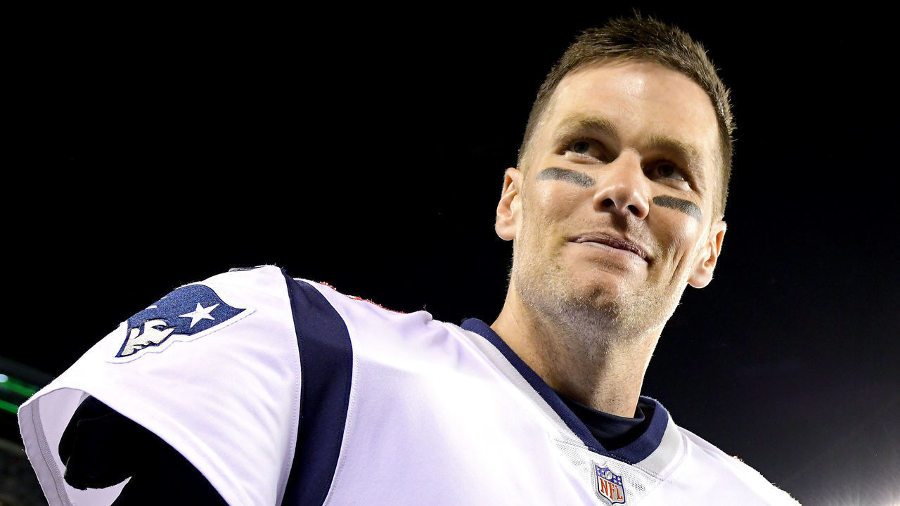 EAST RUTHERFORD, NEW JERSEY - OCTOBER 21: Tom Brady #12 of the New England Patriots reacts after his teams win over the New York Jets at MetLife Stadium on October 21, 2019 in East Rutherford, New Jersey.