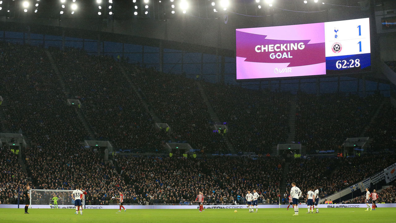 LONDON, ENGLAND - NOVEMBER 09: A screen inside the stadium displays a VAR check to a goal scored by David McGoldrick of Sheffield United during the Premier League match between Tottenham Hotspur and Sheffield United at Tottenham Hotspur Stadium on November 09, 2019 in London, United Kingdom.